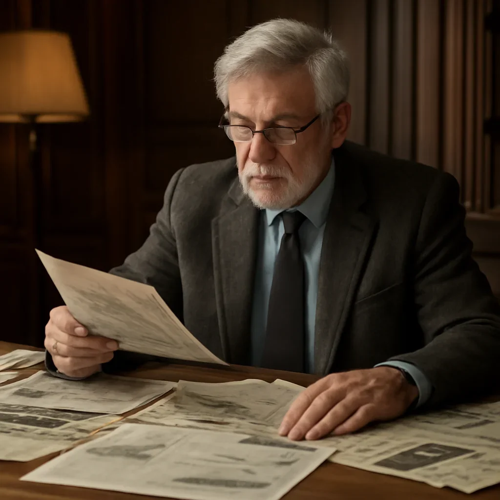 Historian or editor reviewing old political clippings at a large desk