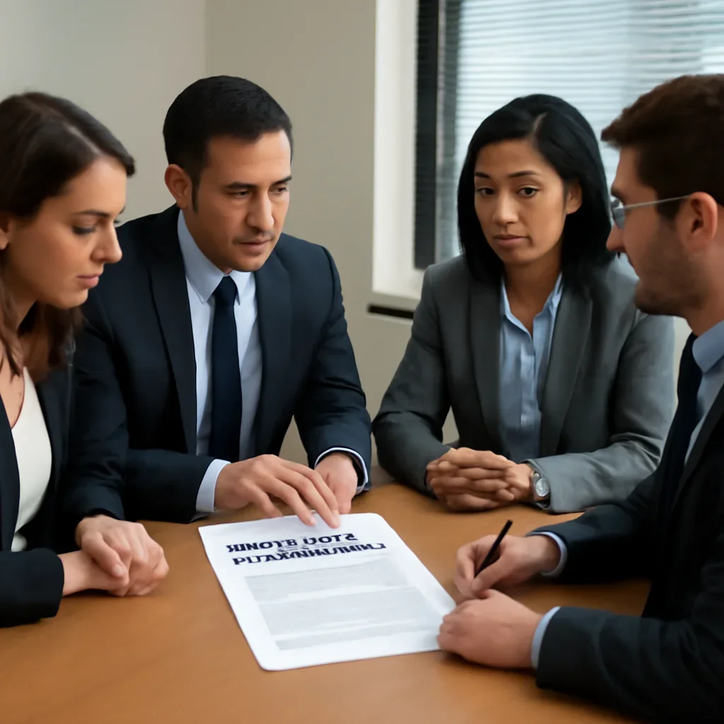 Public affairs team reviewing a media partnership brief around a meeting table prepared for a newsletter sign-up promotion