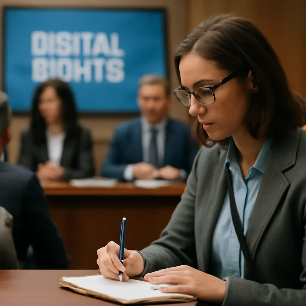 Journalist taking notes during a public hearing on digital rights