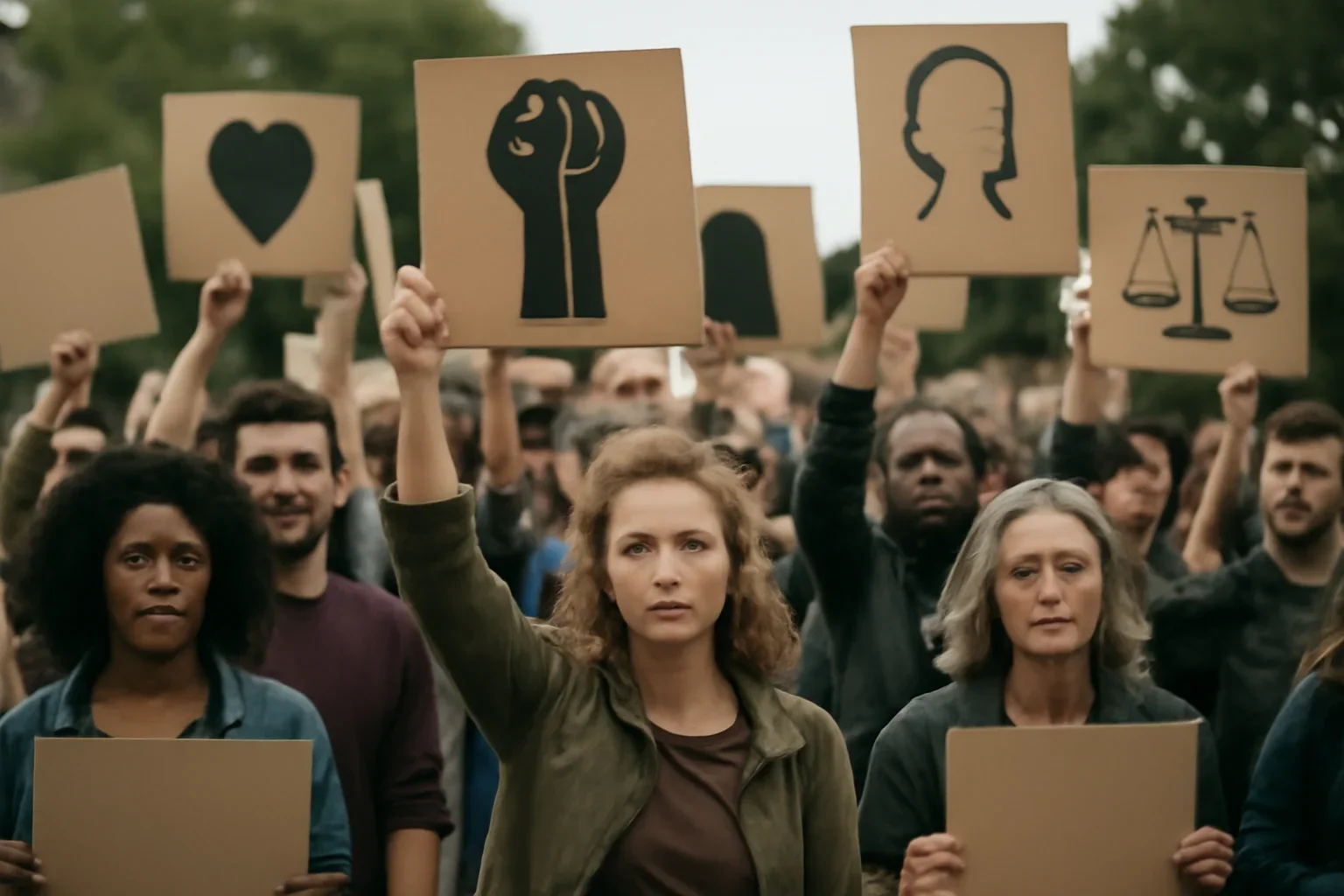 Crowd at a peaceful protest with rights-themed placards