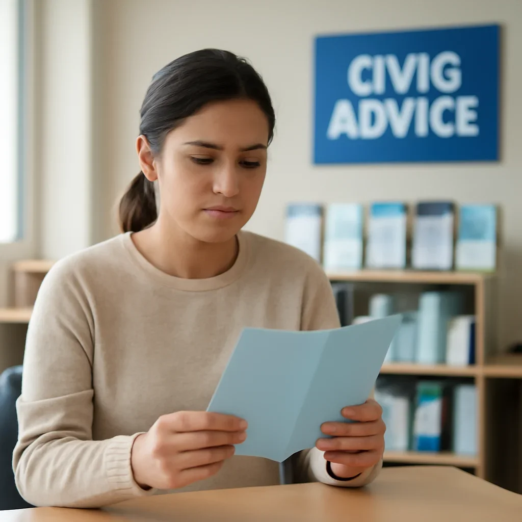 Person reading a rights leaflet at a civic advice centre