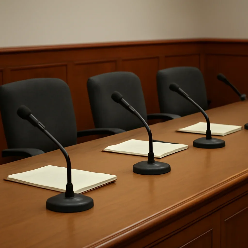 Public hearing room with empty microphones and legal folders