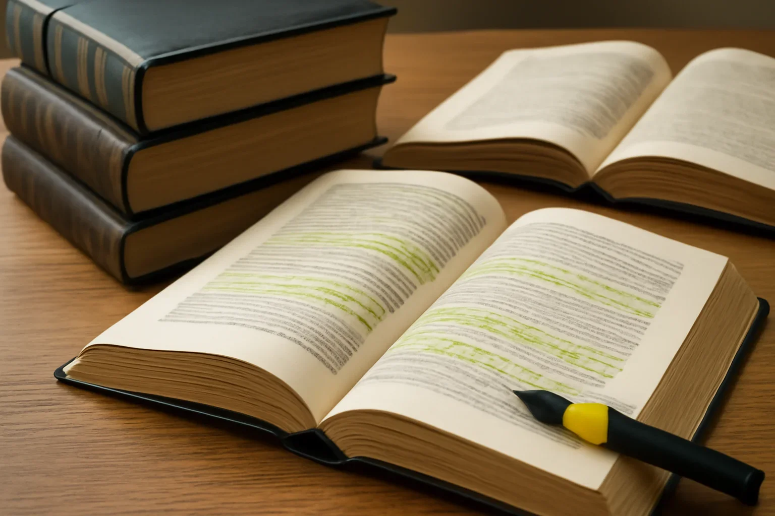 Law books and highlighted rights case notes on a desk