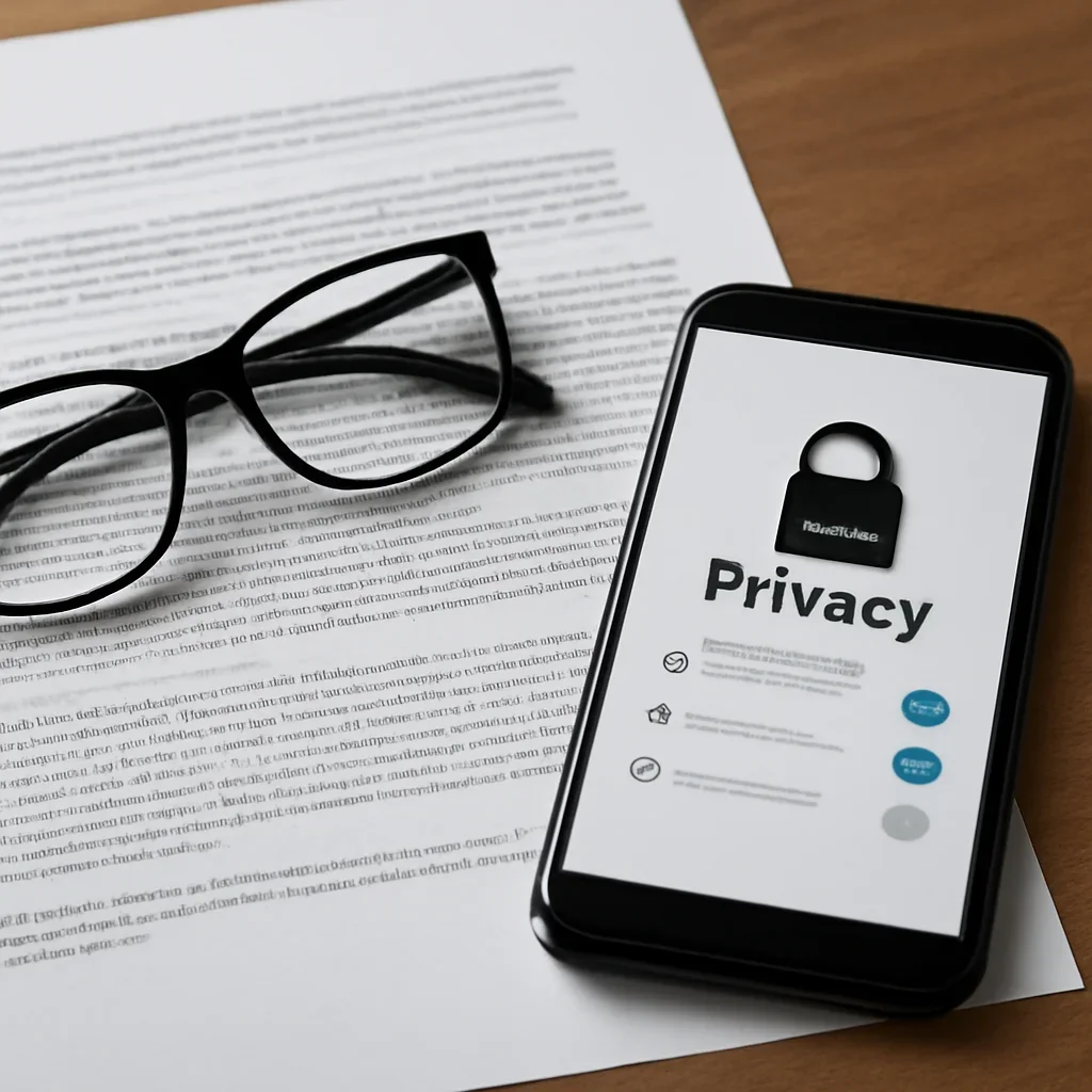 Legal documents, glasses and a smartphone showing privacy settings