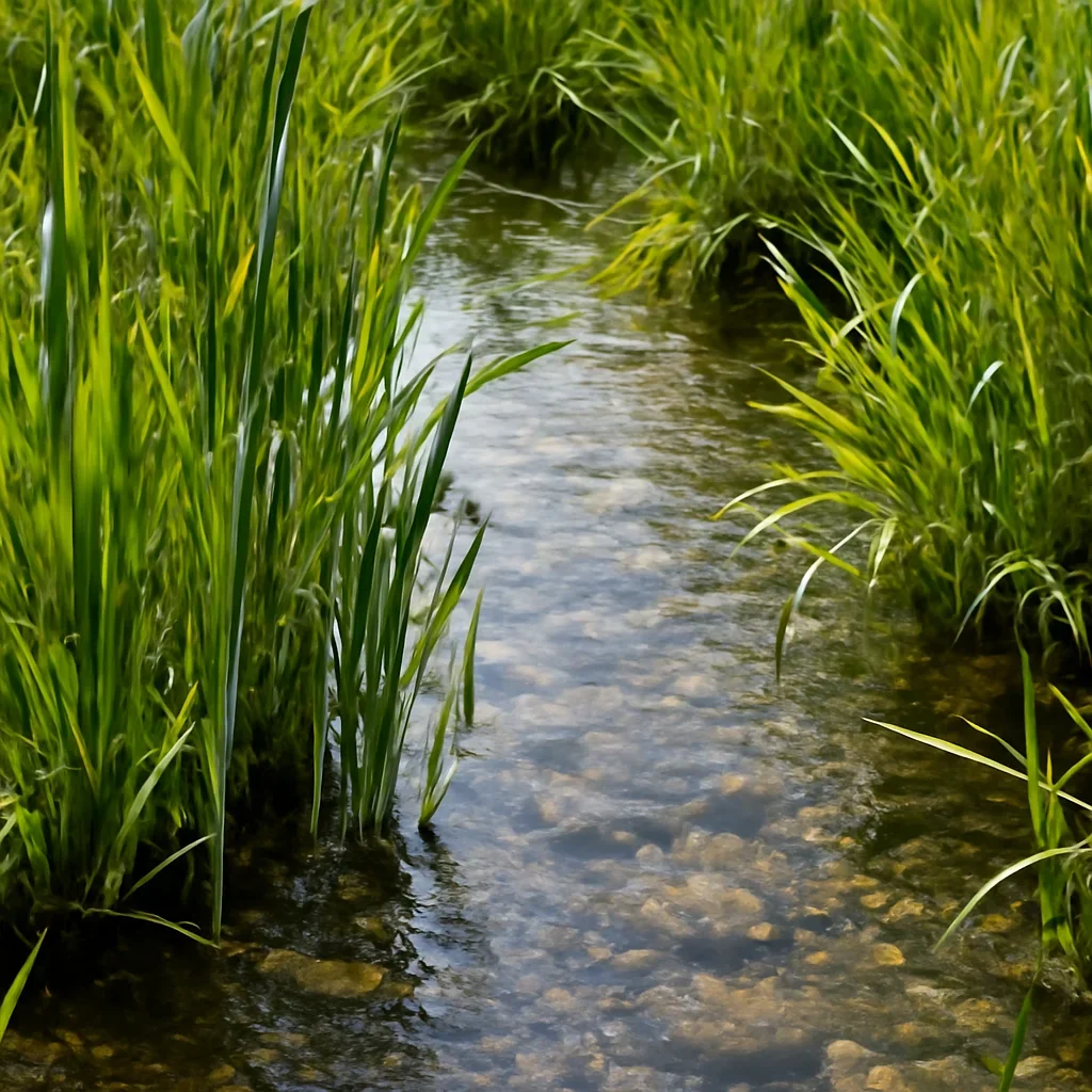 Wetland plants and clear stream water in natural daylight