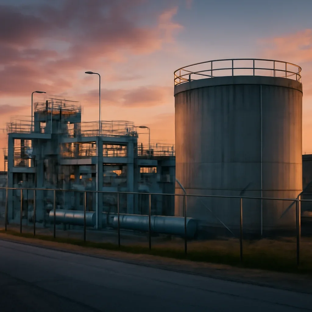 Water treatment facility viewed from outside with evening light, photography