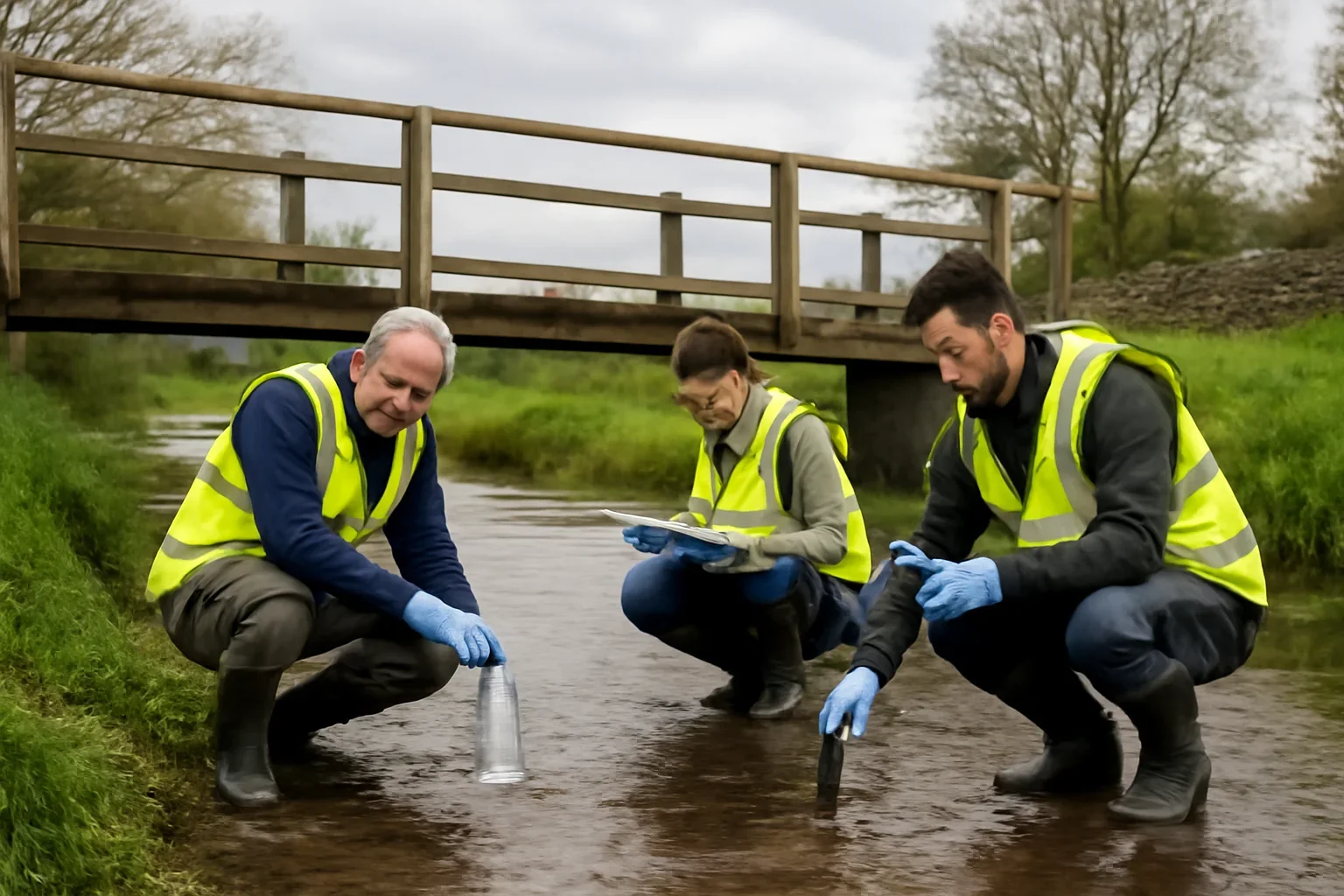 Volunteers testing river water beside a footbridge in rural England