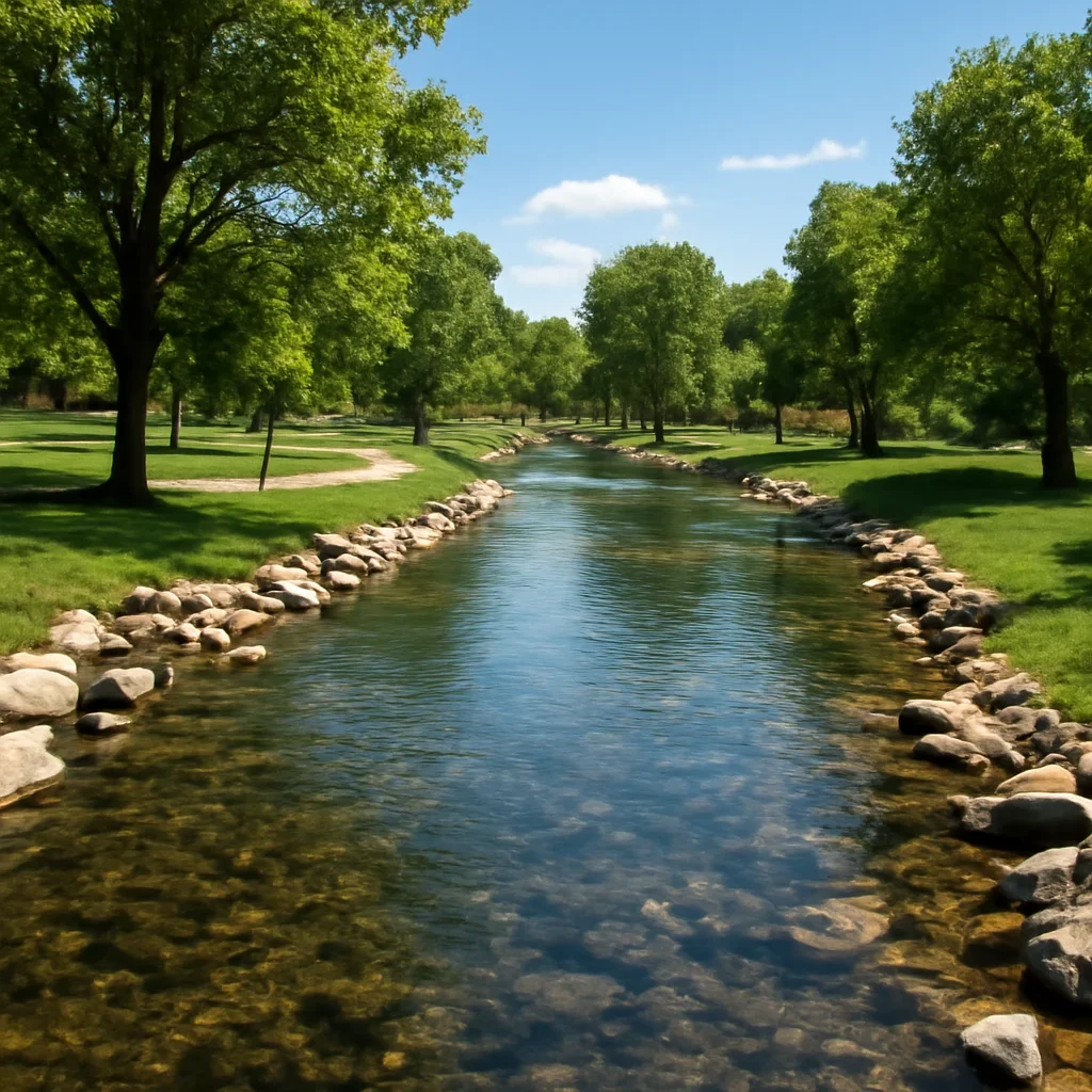 Clear river running through a town park after restoration