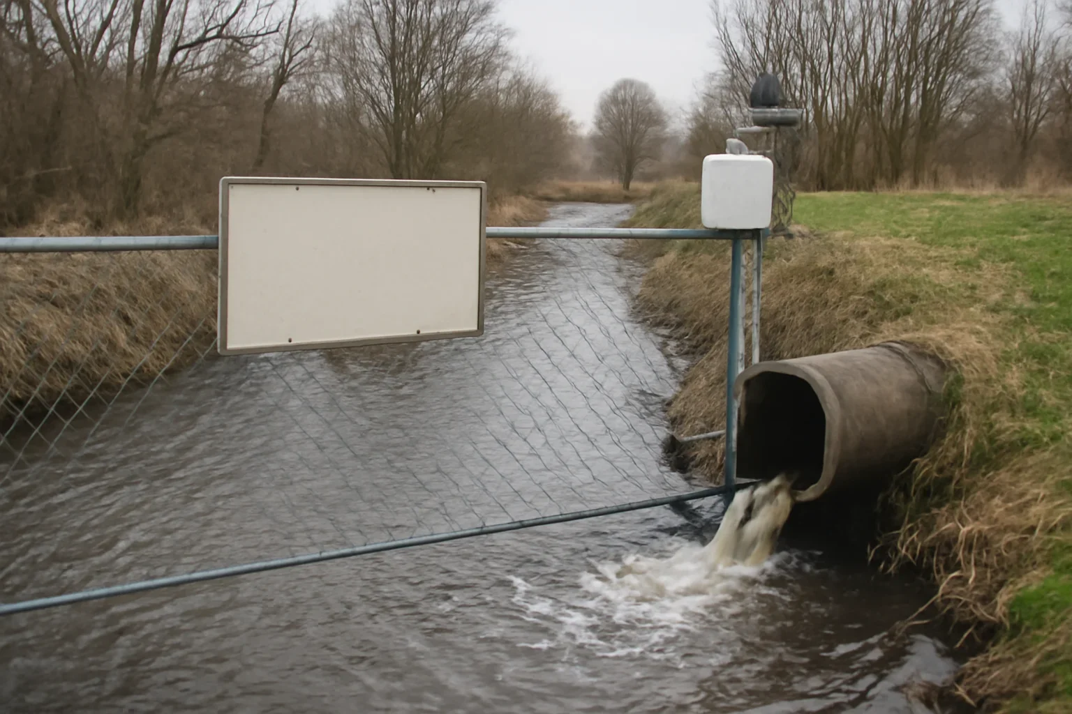 River outfall area with warning sign and environmental monitoring equipment