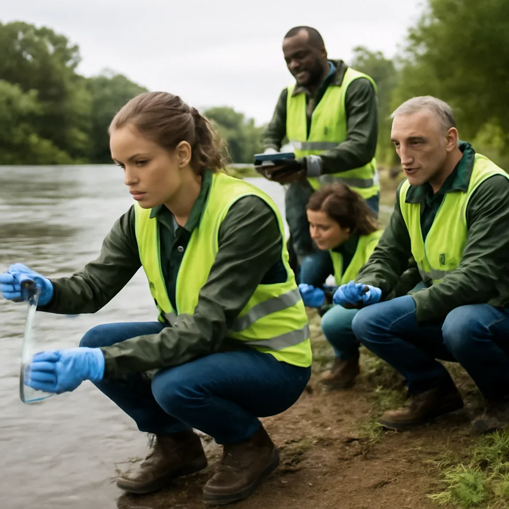 Campaigners sampling water from a riverbank