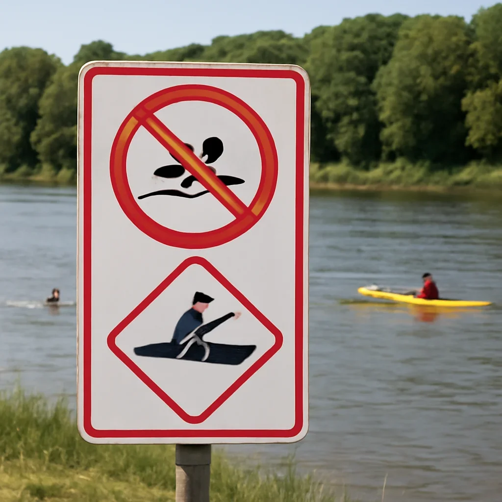 Riverbank sign warning about water quality near swimmers and kayaks