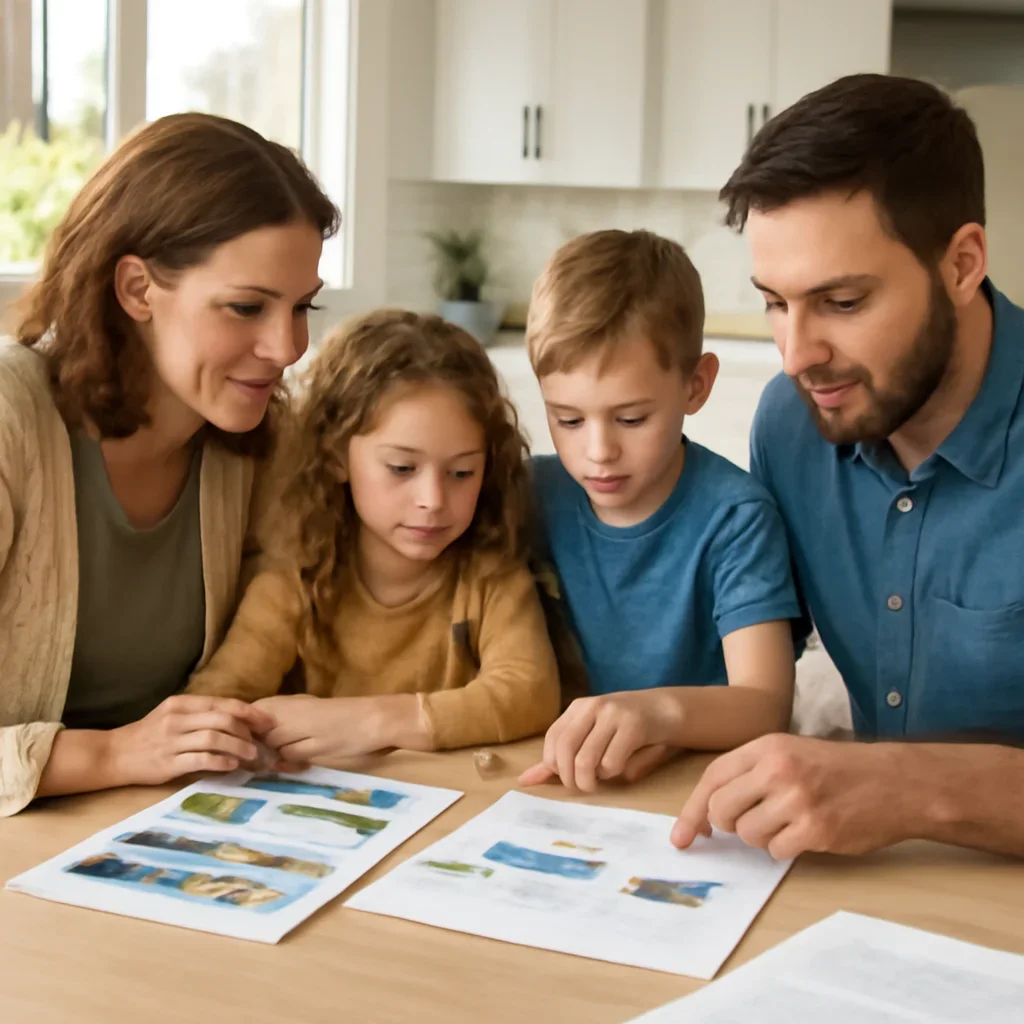 Family reviewing home energy upgrade options at a kitchen table