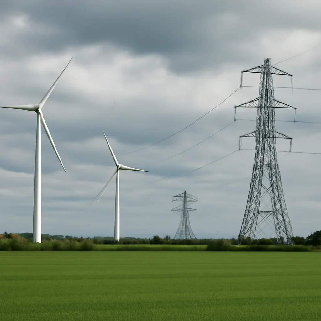Wind turbines and electricity pylons beyond green fields in the UK, documentary style