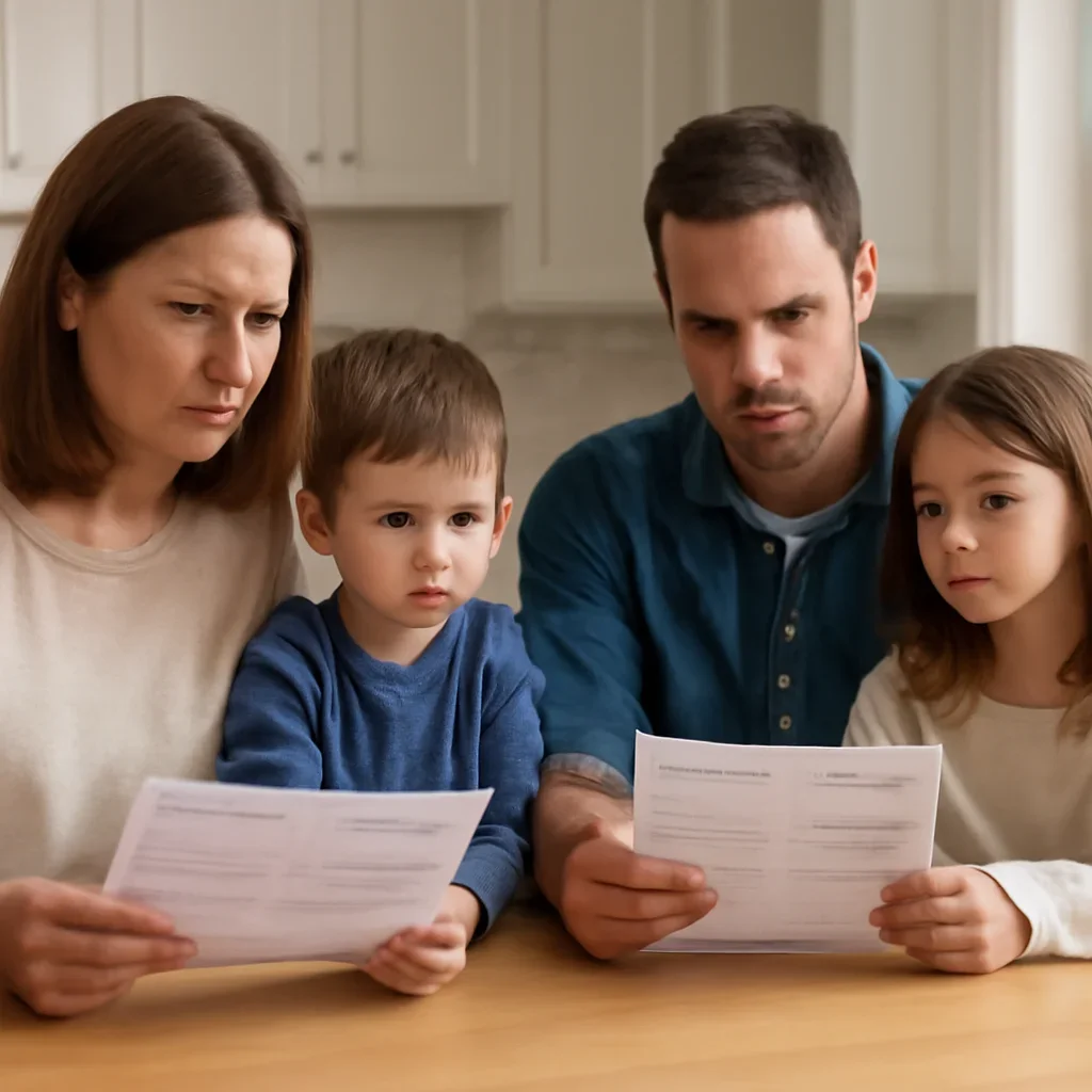 Family comparing home energy bills before and after improvements