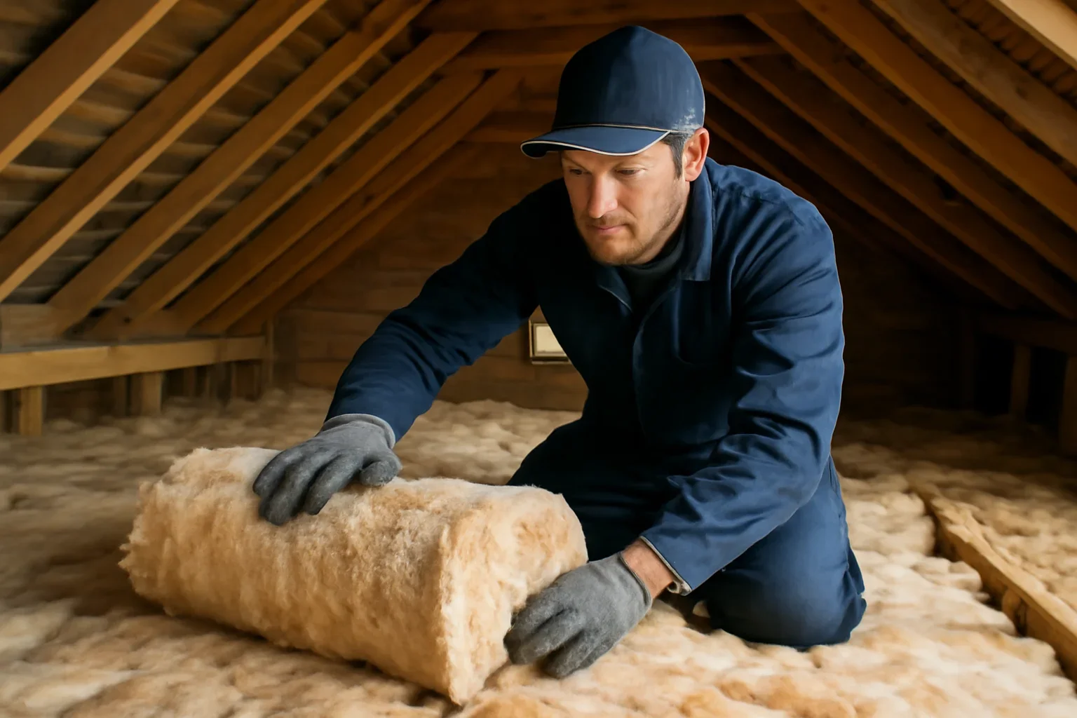 Installer fitting loft insulation in a British home