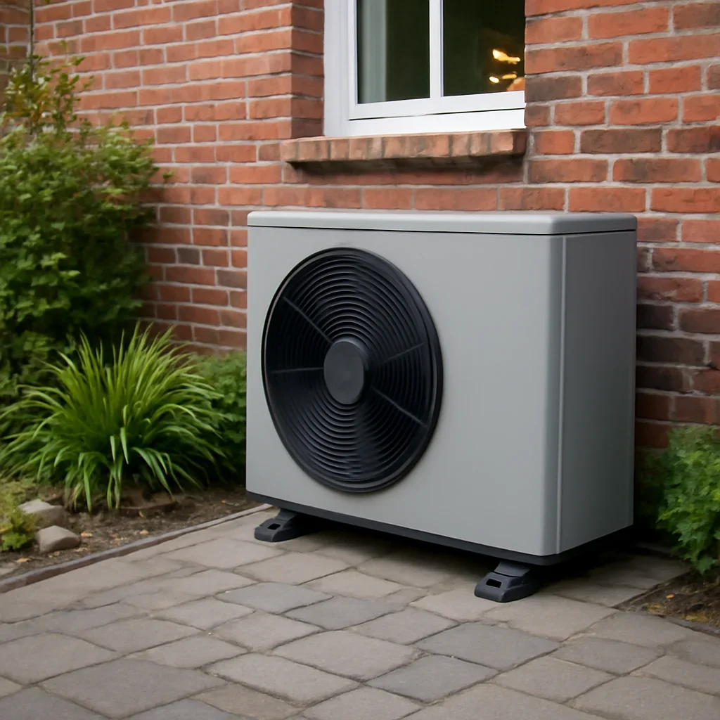 Heat pump beside a brick house with plants and paving