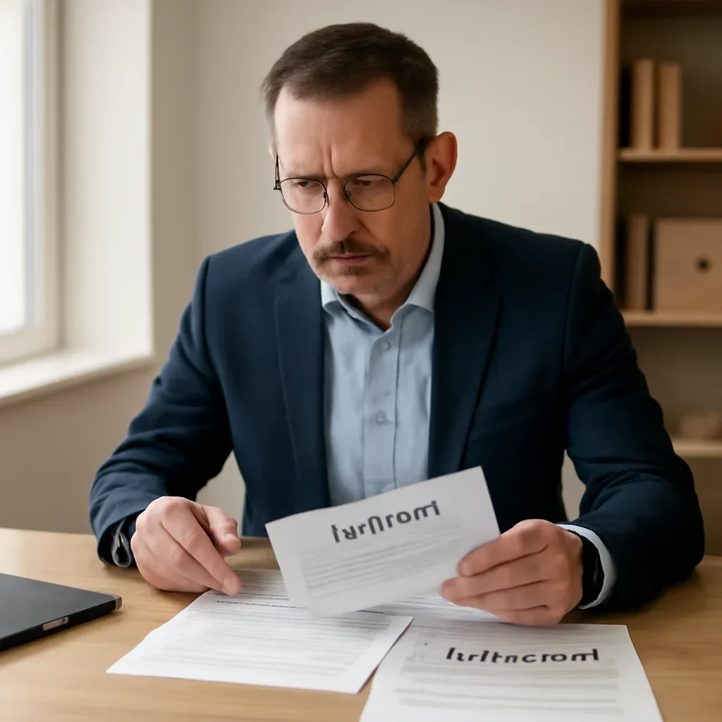 Business owner reviewing export paperwork and customs forms at a desk, image