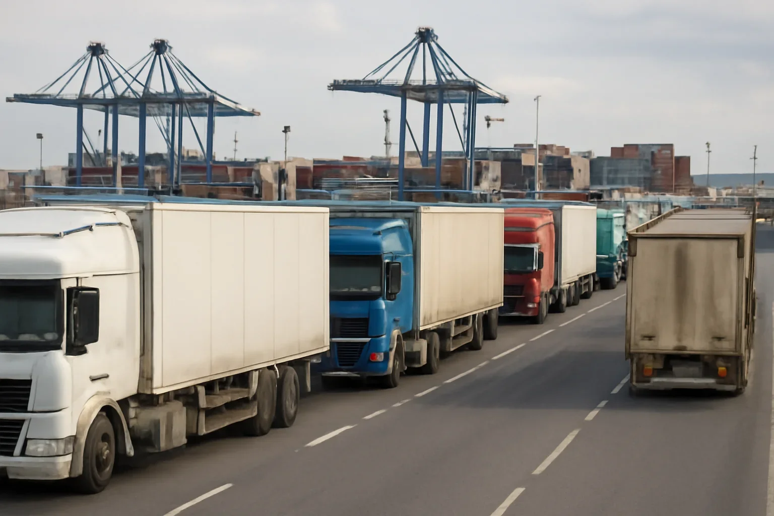 Freight vehicles queuing near a European port terminal