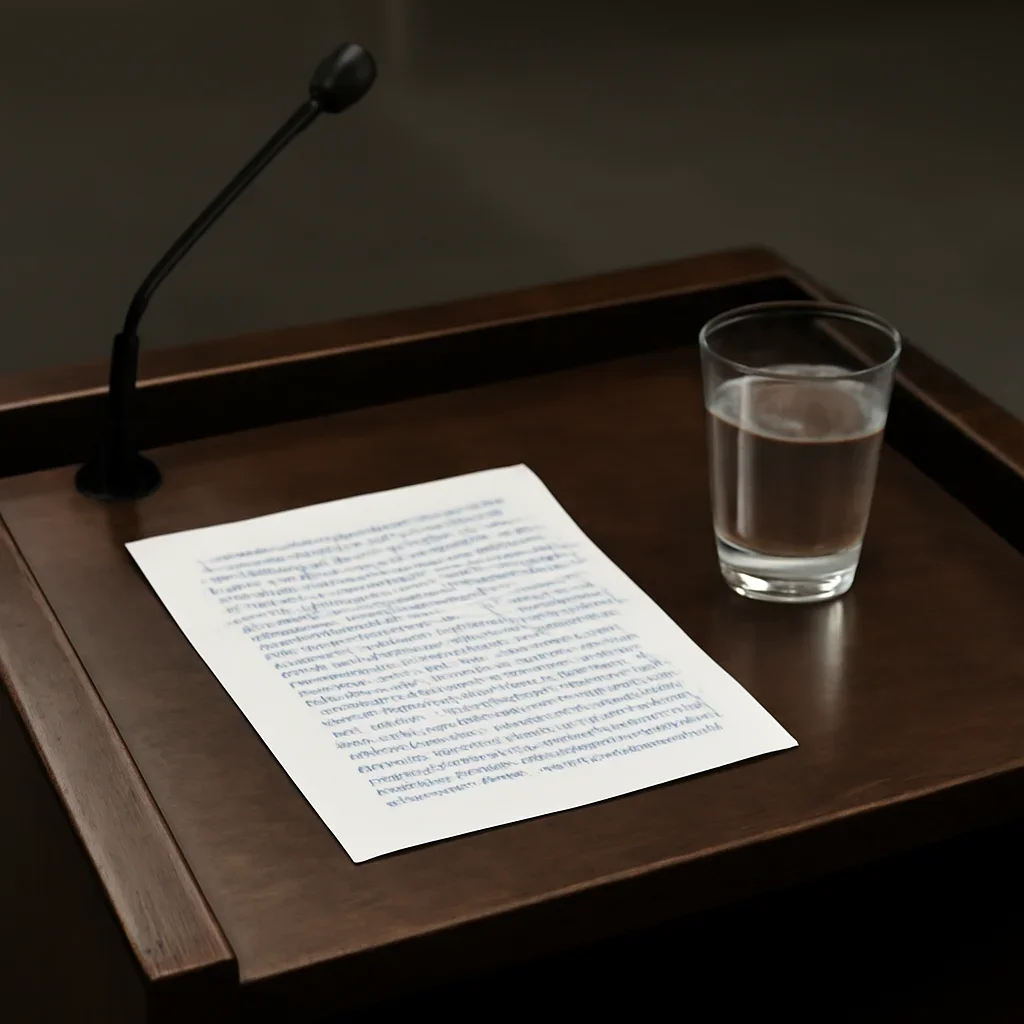 Close view of a political speech lectern with handwritten policy notes and a glass of water, photography