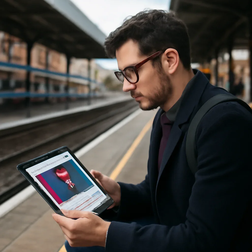 Commuter reading a liberal politics article on a tablet at a train station