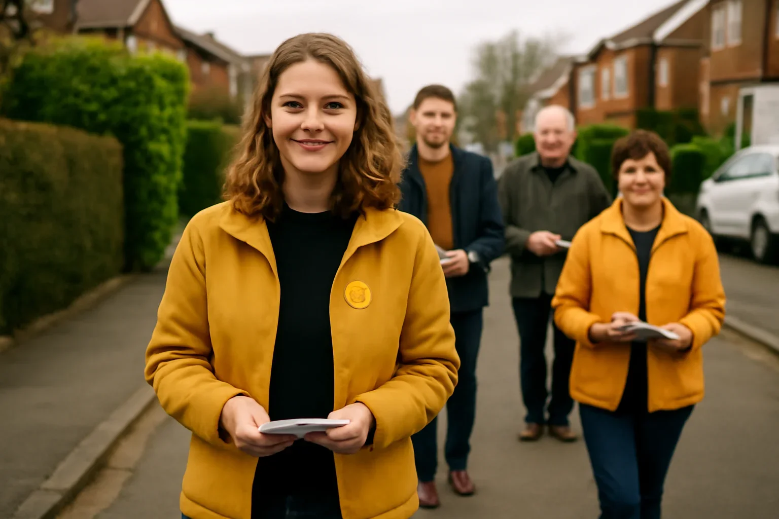 Liberal Democrat campaign volunteers delivering leaflets on a suburban street in Britain