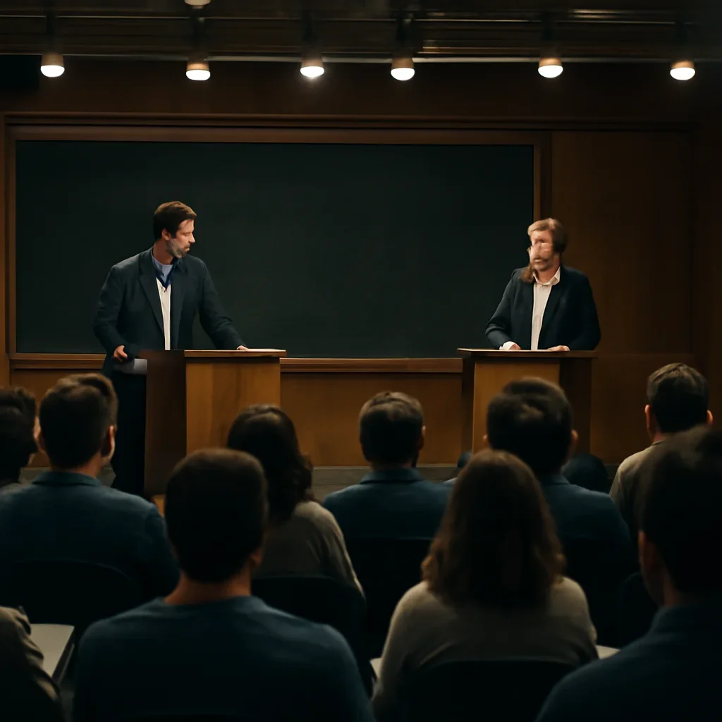 Public debate in a university hall with audience notes and stage lighting, documentary style
