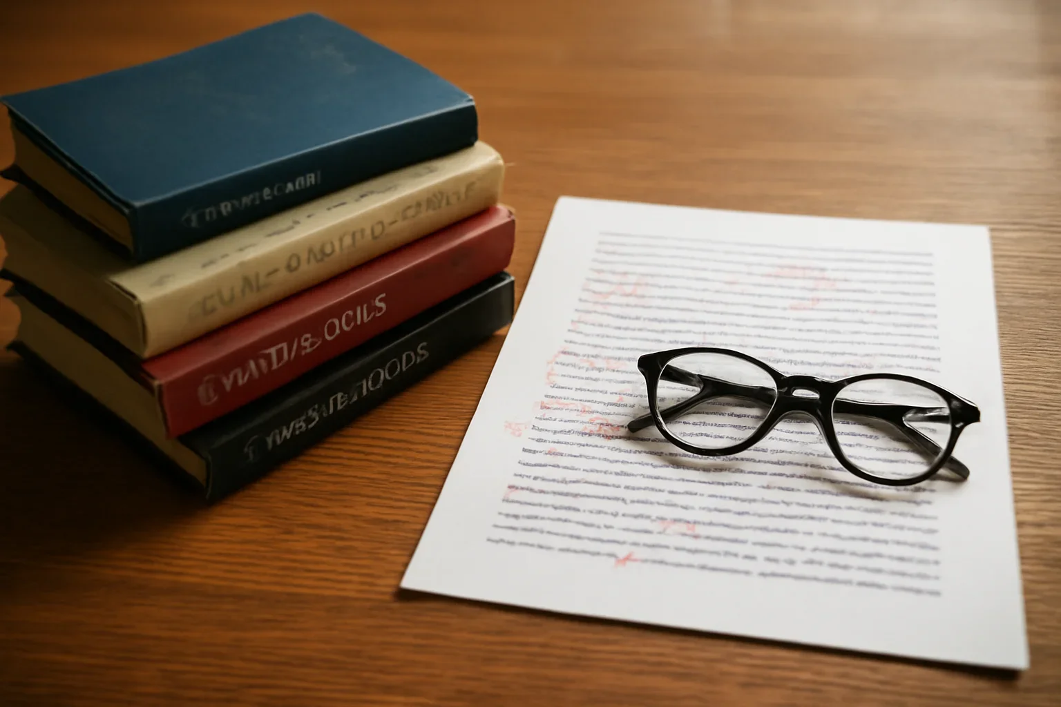 Still life of political philosophy books, a marked-up essay and glasses on a wooden desk