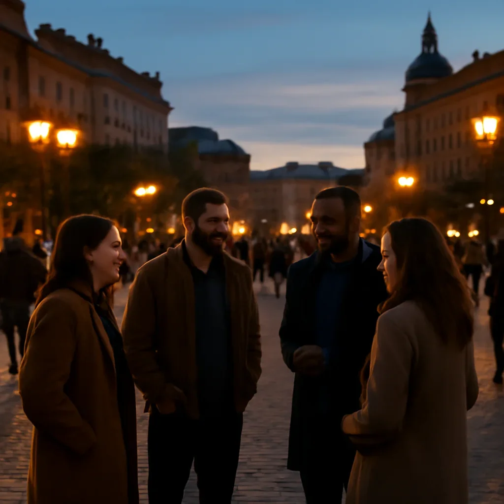 City square with people talking under evening light, image symbolising open civic life