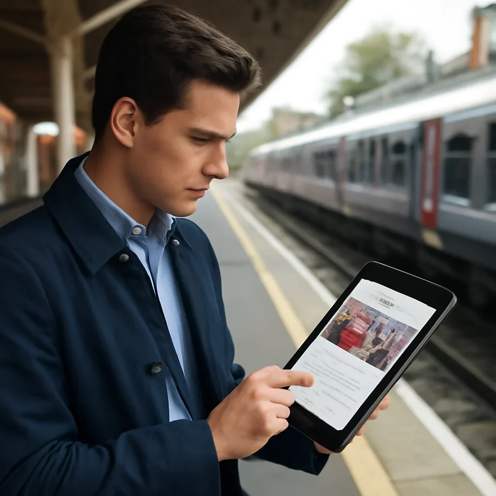 Commuter reading a liberal politics article on a tablet at a train station