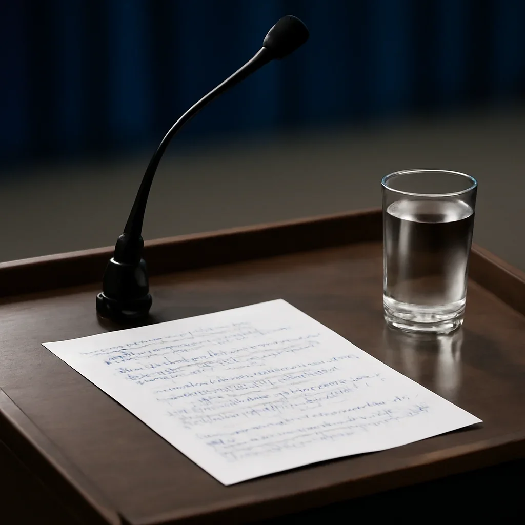 Close view of a political speech lectern with handwritten policy notes and a glass of water, photography