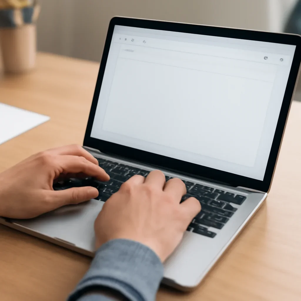 Hands typing a concise press enquiry email on a laptop
