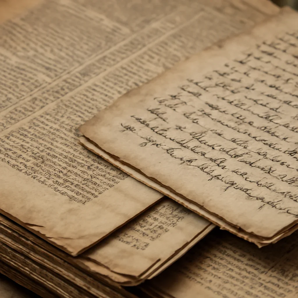 Preserved newspaper pages and handwritten notes