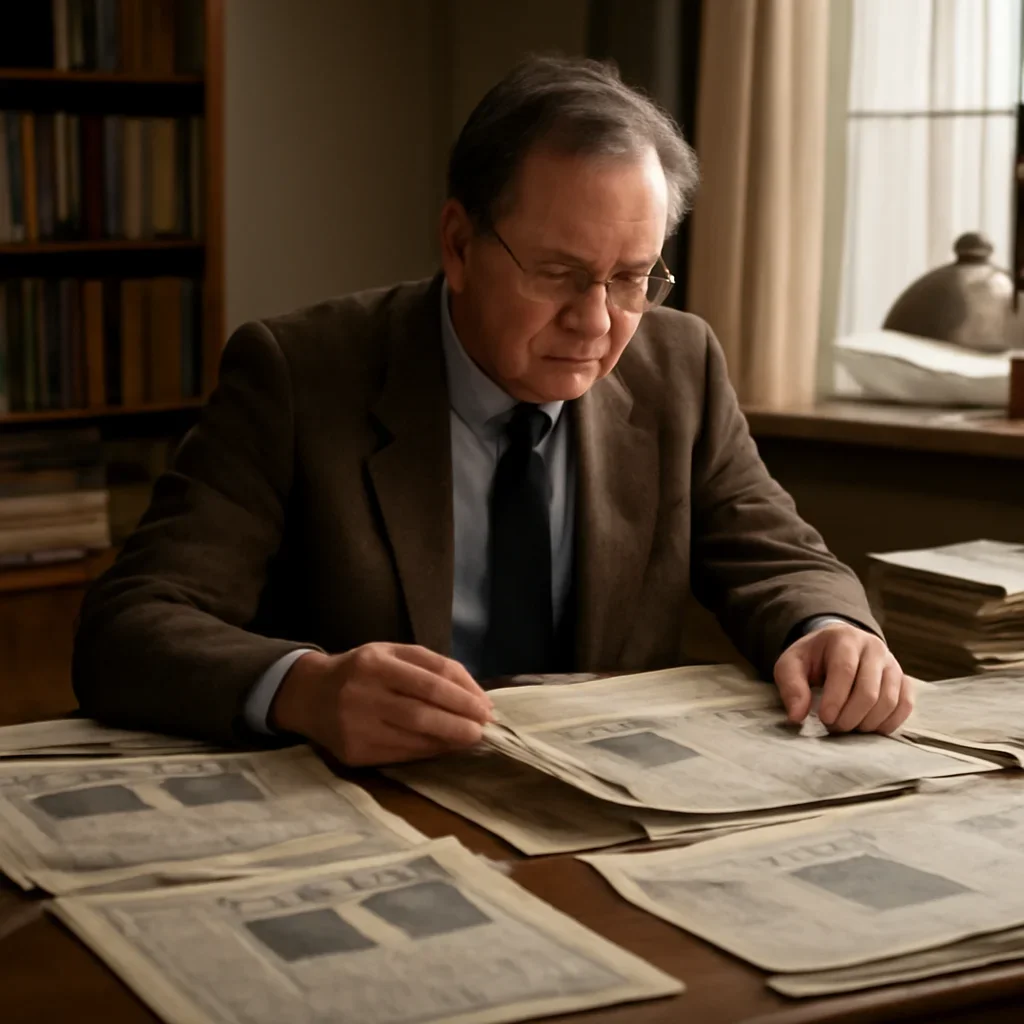 Historian or editor reviewing old political clippings at a large desk