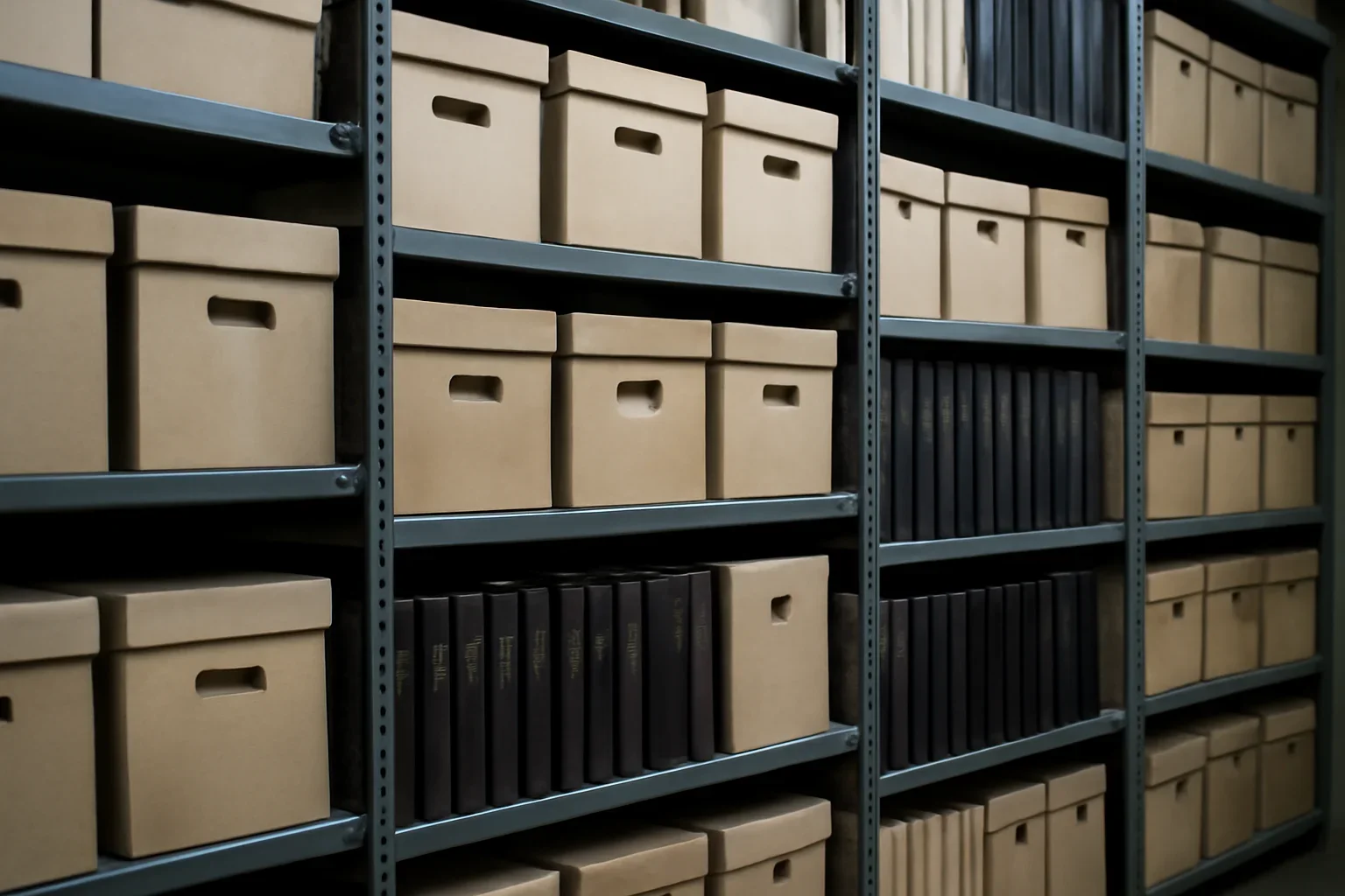 Archive shelves with labelled magazine boxes and bound volumes