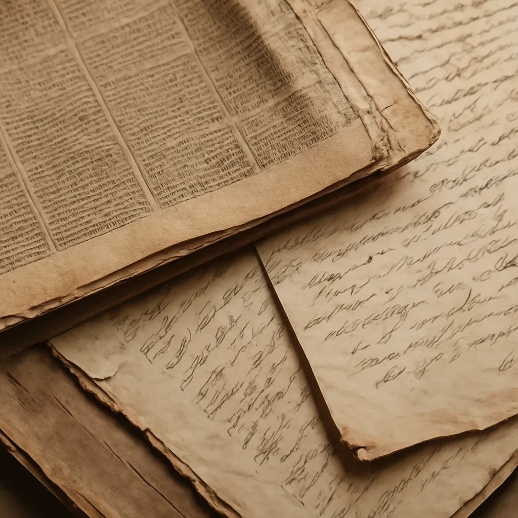 Preserved newspaper pages and handwritten notes