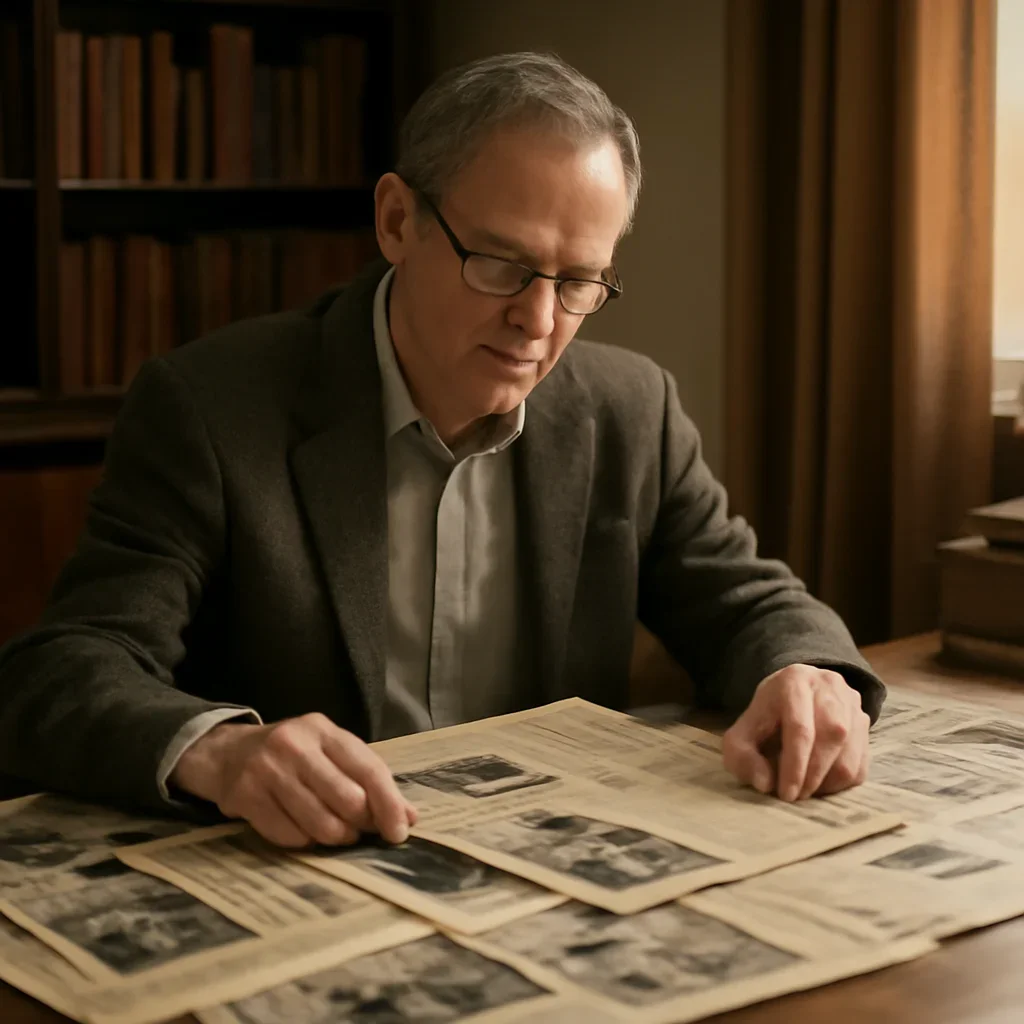 Historian or editor reviewing old political clippings at a large desk