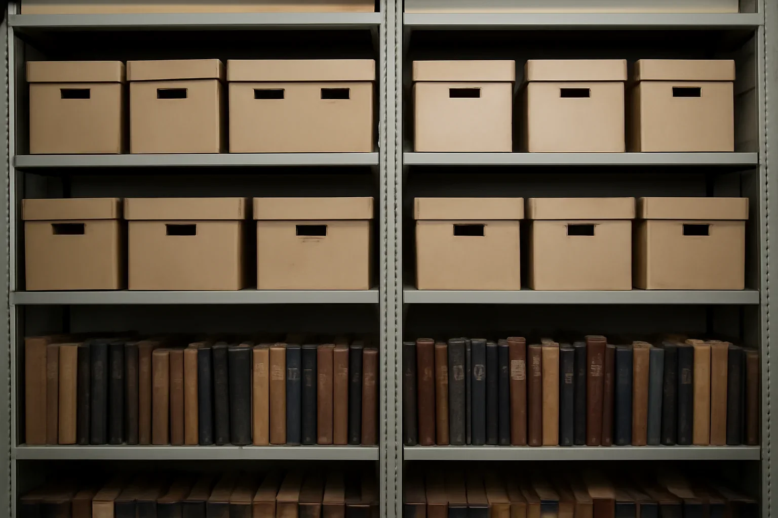 Archive shelves with labelled magazine boxes and bound volumes