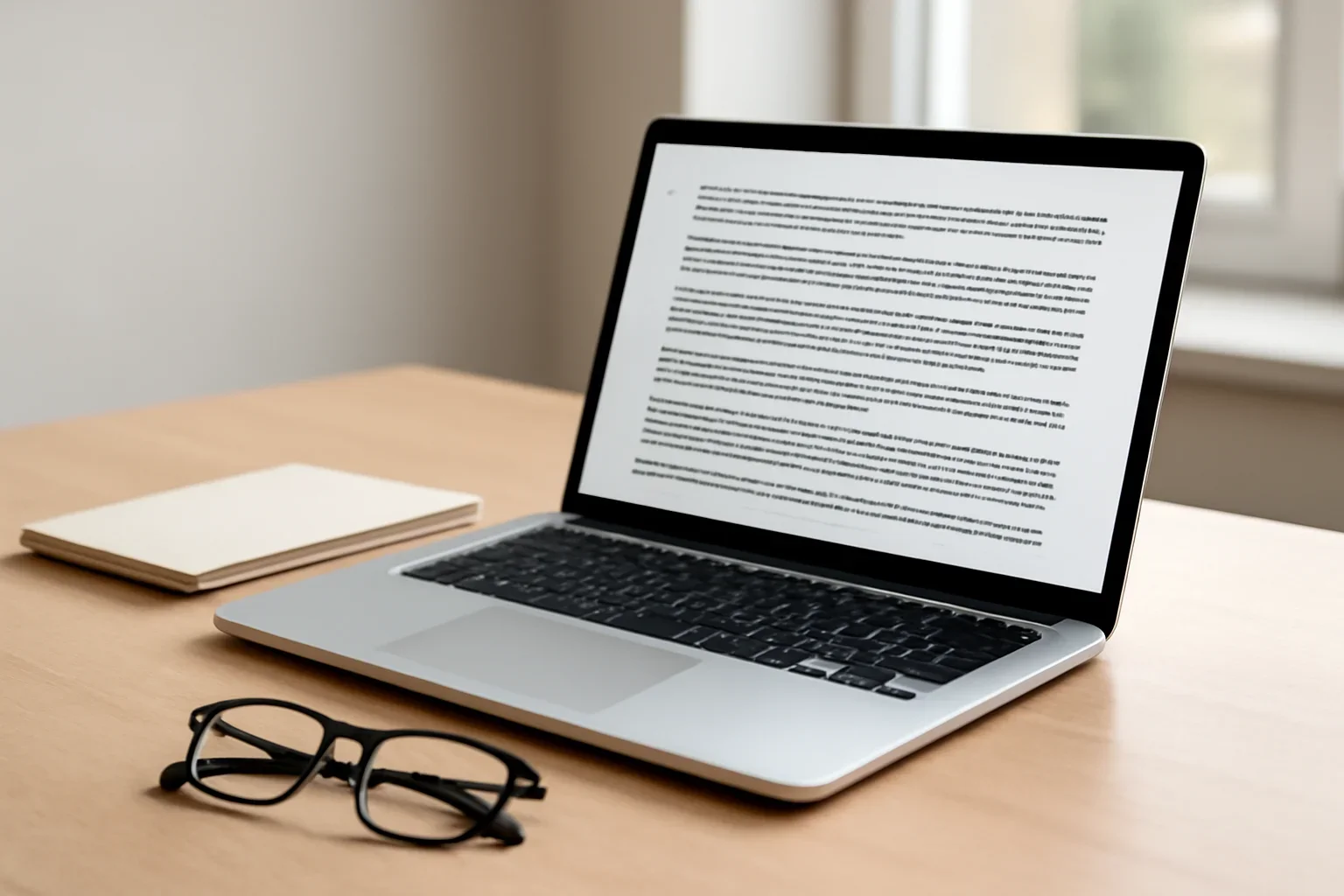Open laptop displaying website policy text beside a notebook and glasses