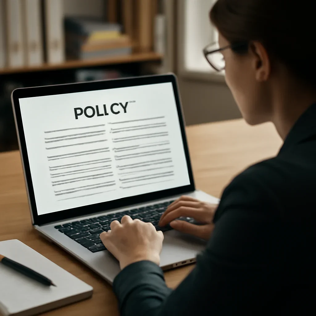 Editor reviewing policy notes and publication standards on a laptop