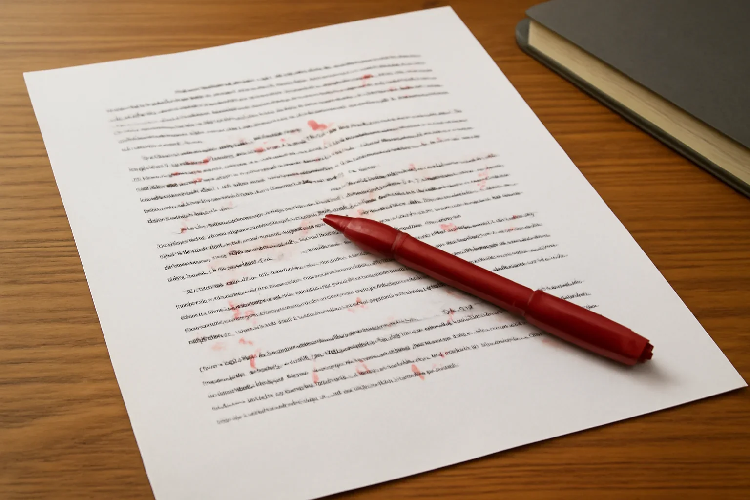 Marked-up copy with correction notes and a red pen on a desk