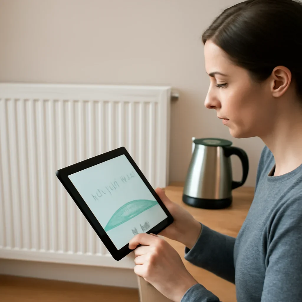 Parent reviewing energy use on a tablet beside a radiator and kettle