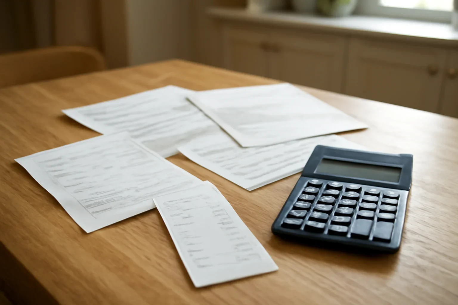 Household bills, grocery receipt and calculator spread across a kitchen table in natural light