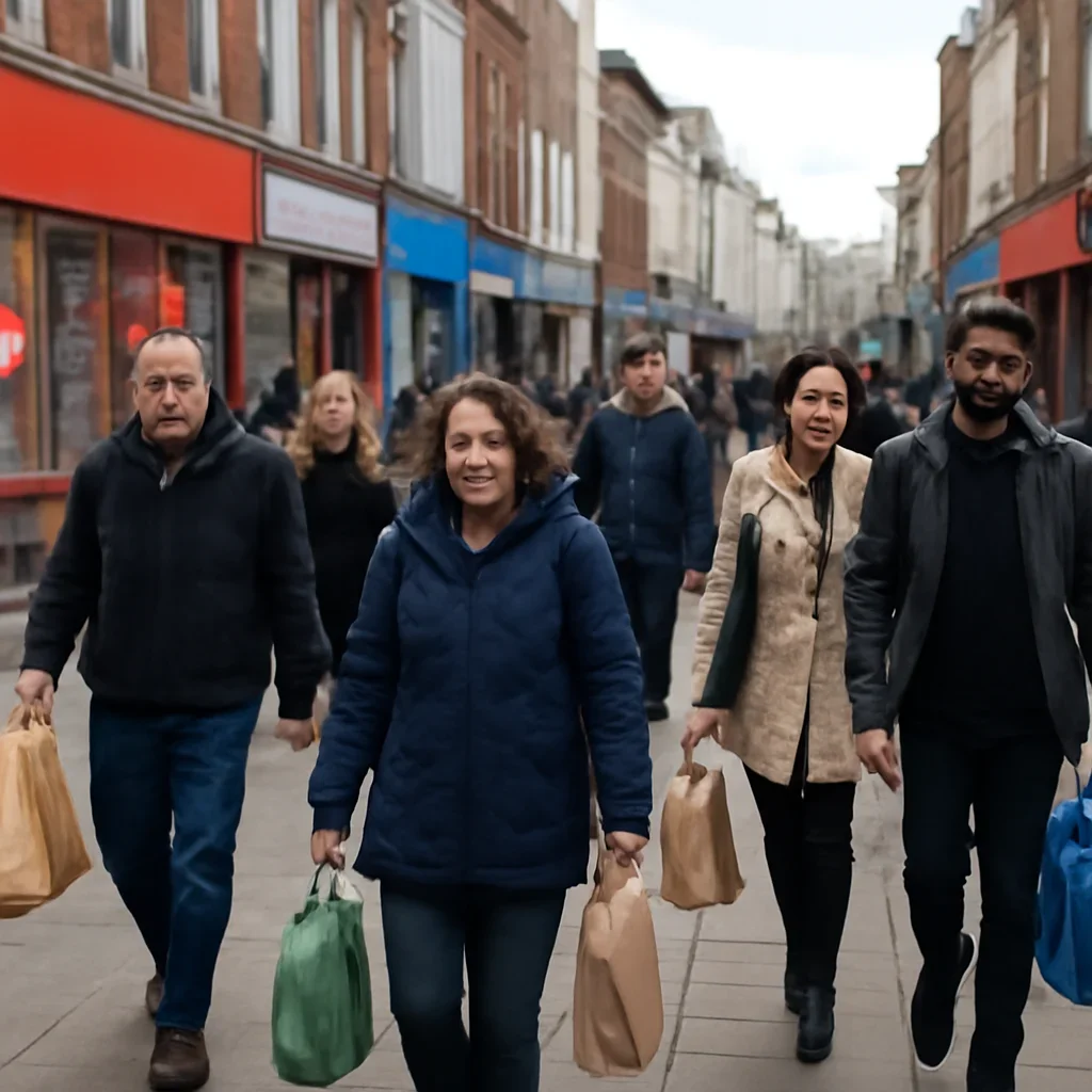 Busy British high street with discount stores, cafes and commuters carrying shopping bags