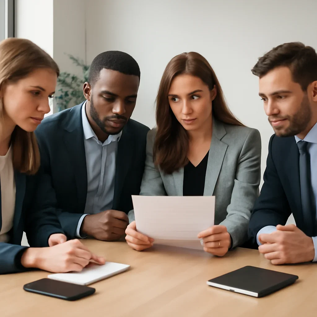 Public affairs team reviewing a media partnership brief around a meeting table prepared for a newsletter sign-up promotion