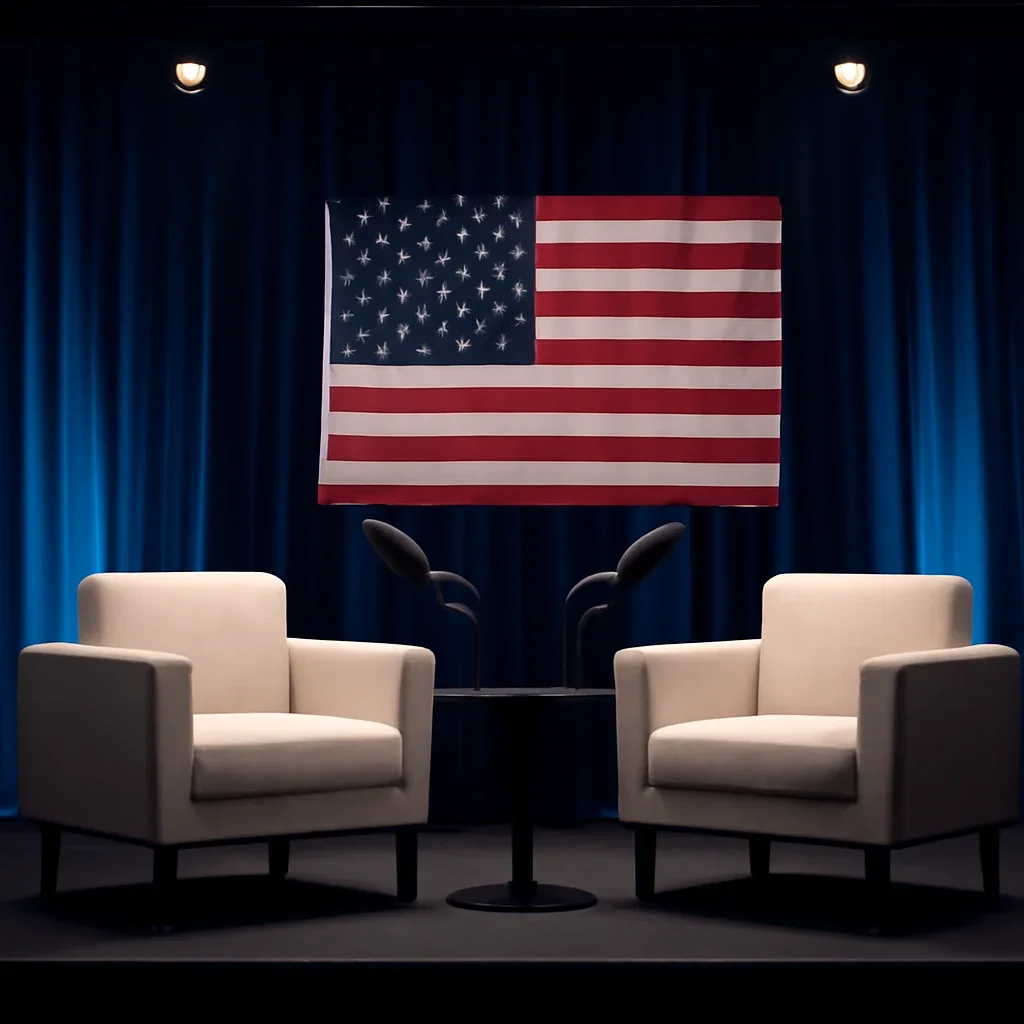Podcast studio or event stage prepared for a political discussion