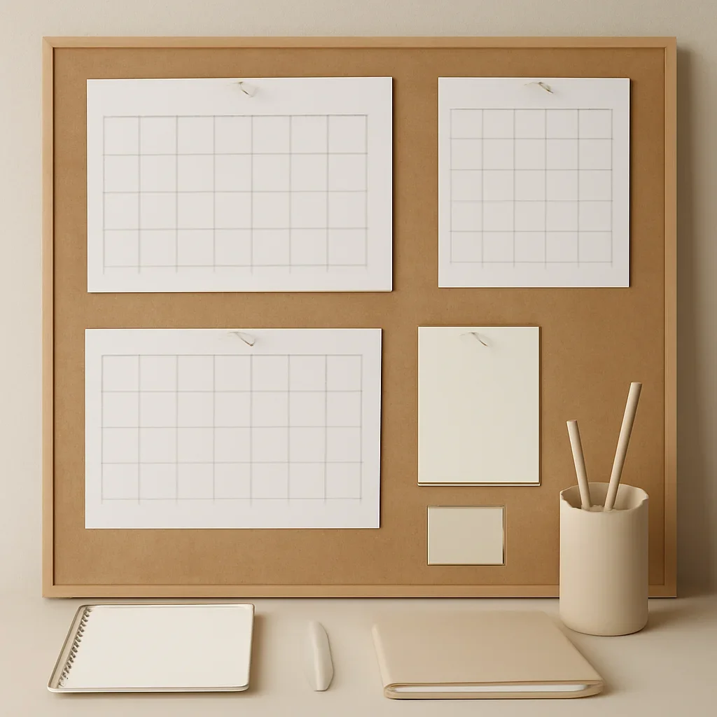 Branded content planning board with calendars and neutral stationery