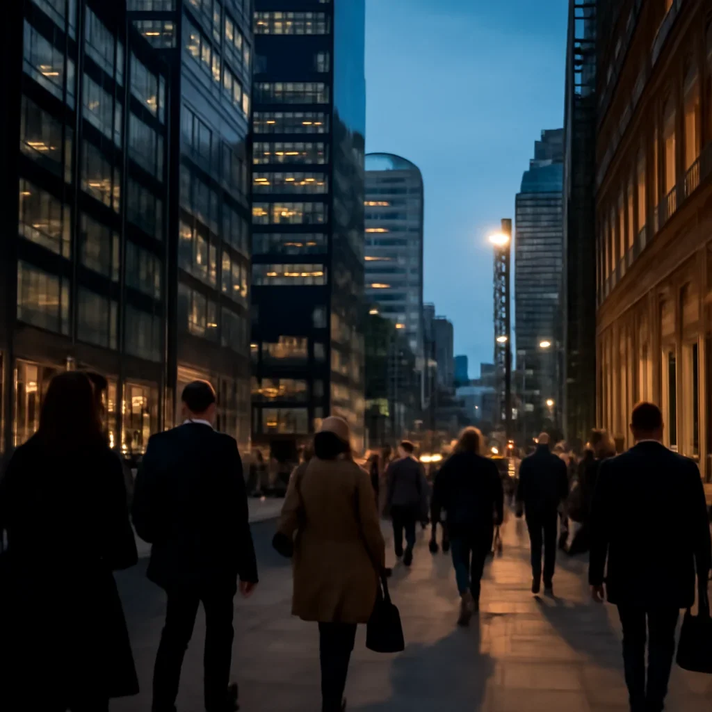 Commuters moving through a city financial district at dusk
