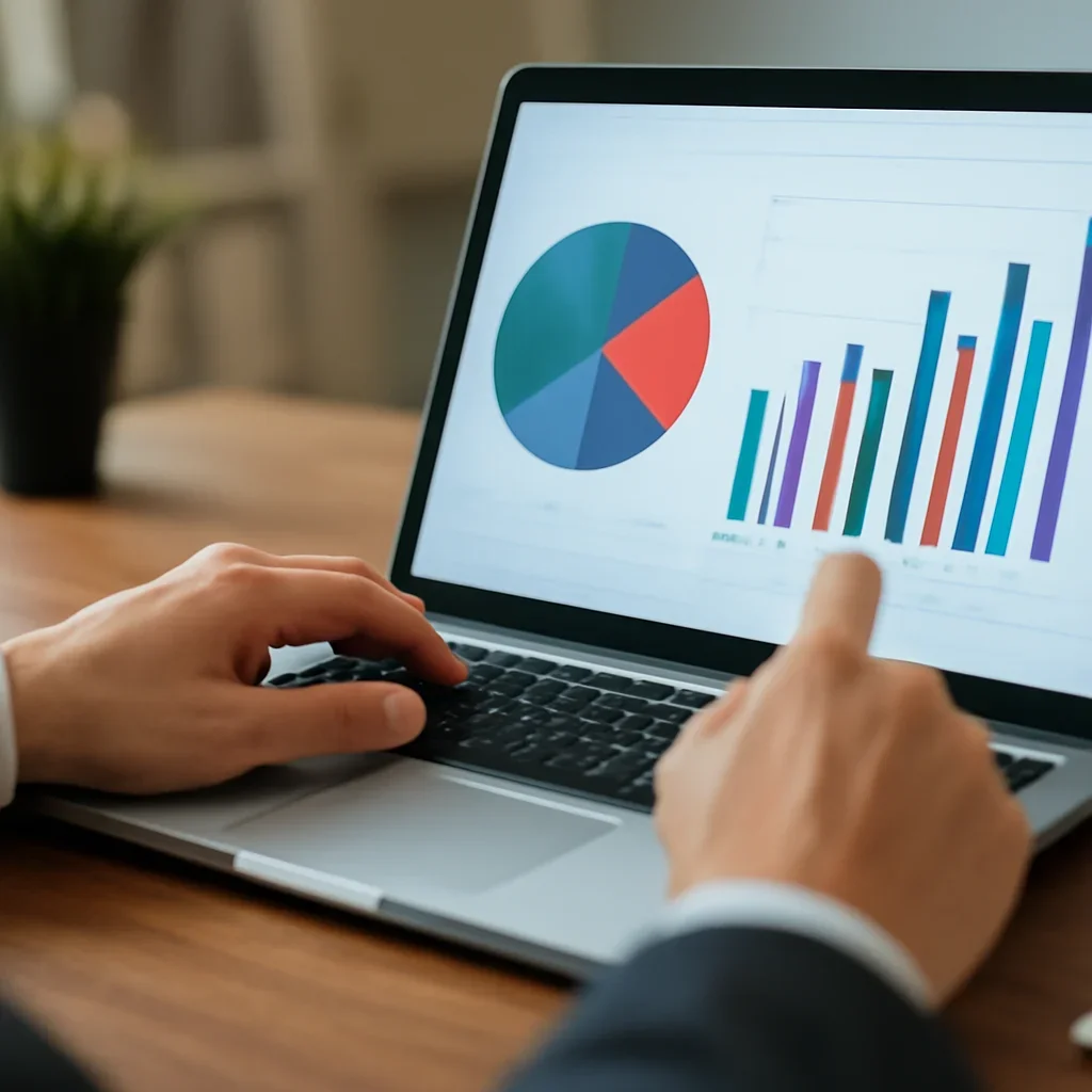 Hands reviewing tax and spending charts on a laptop