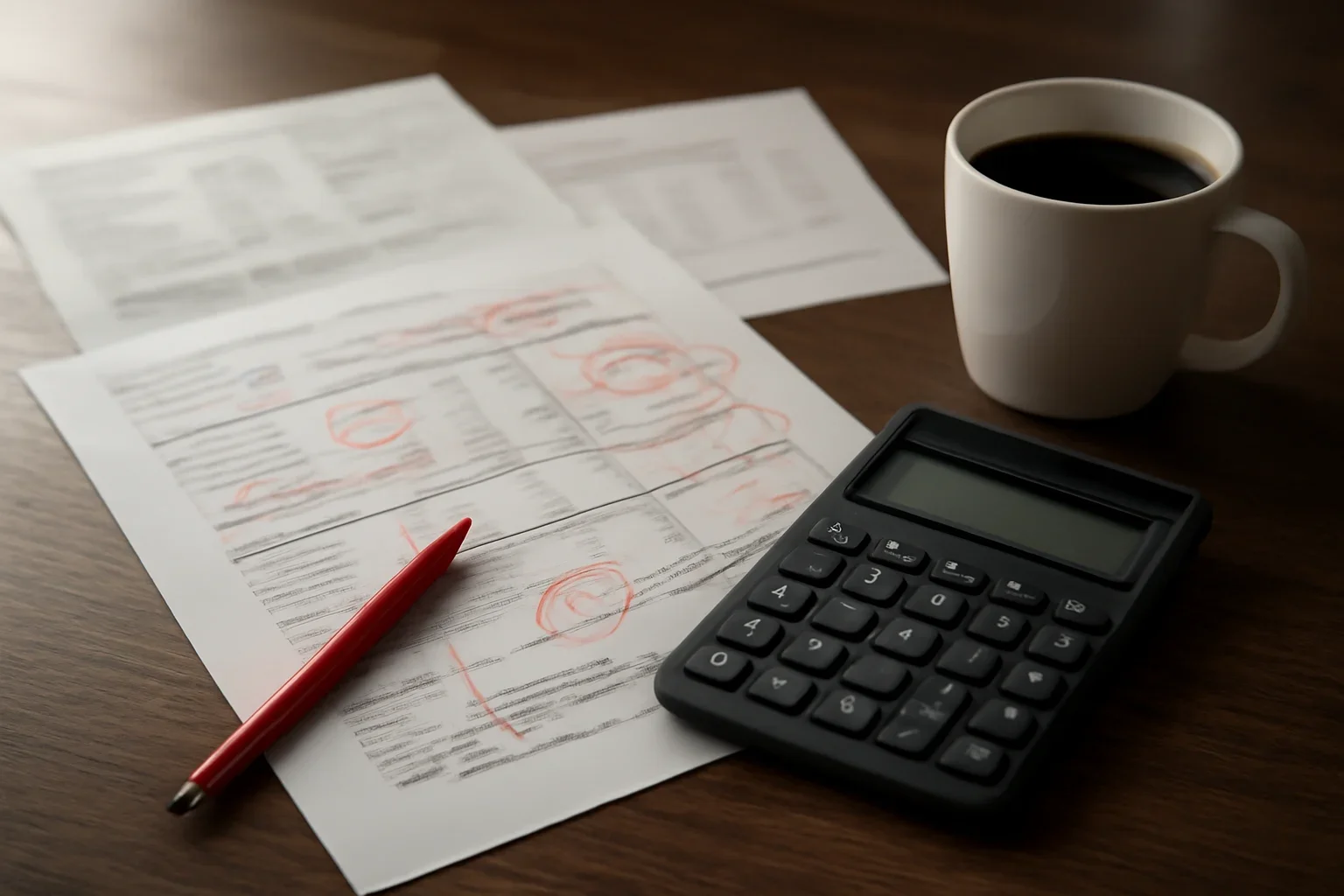 Annotated budget papers, calculator and coffee on a newsroom desk