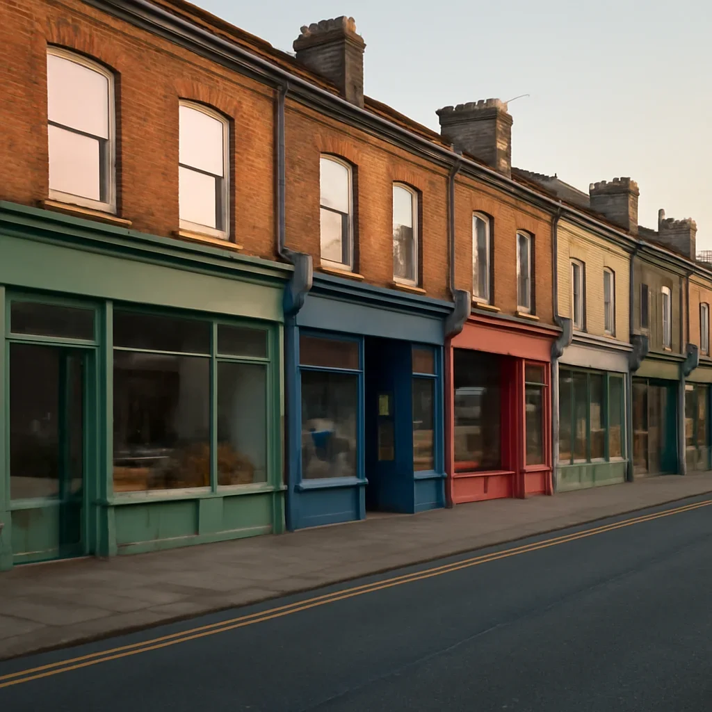 Independent shopfronts on a UK high street during early morning trade, documentary style